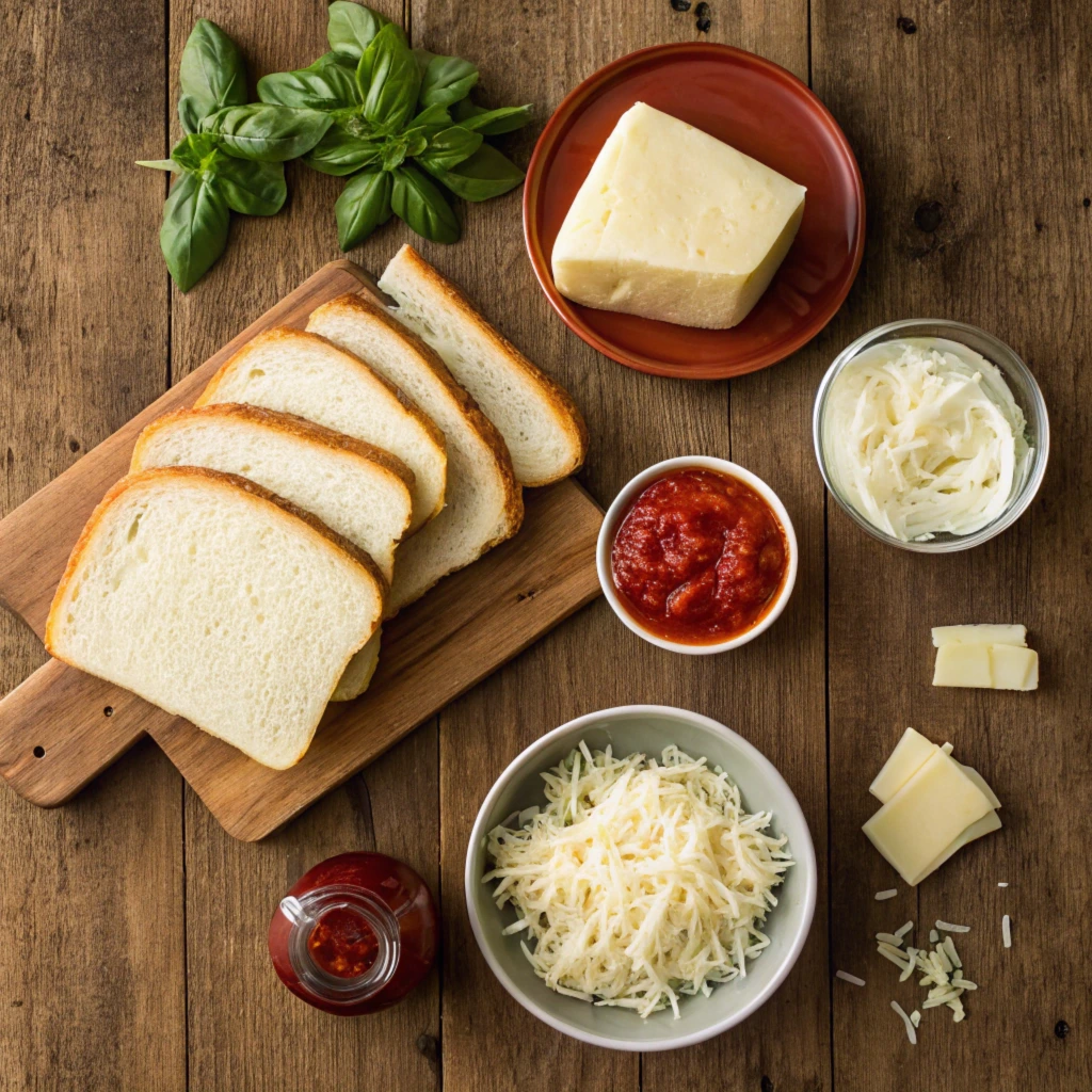 Overhead view of ingredients for grilled cheese sandwich pizza: bread, cheese, tomato sauce, butter, and basil.	