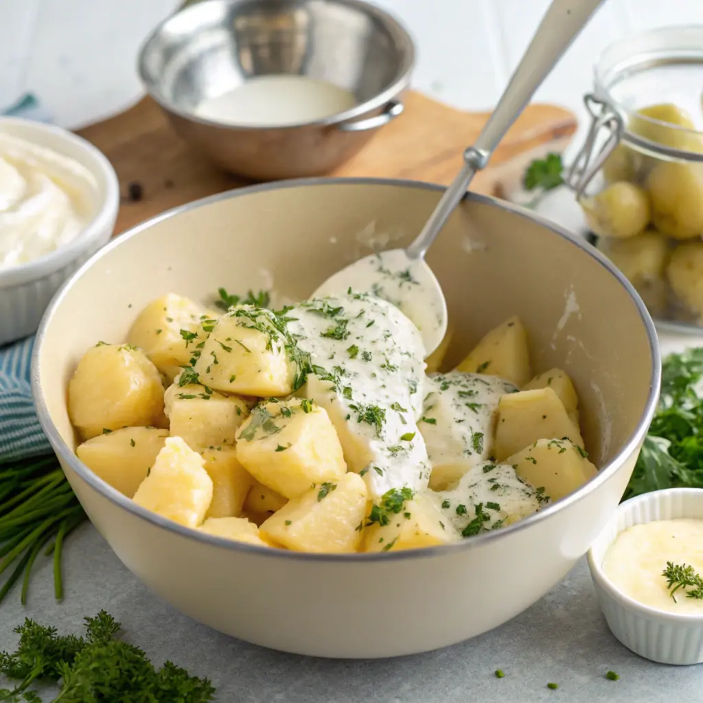 Potato chunks being mixed with mayonnaise dressing and fresh herbs.