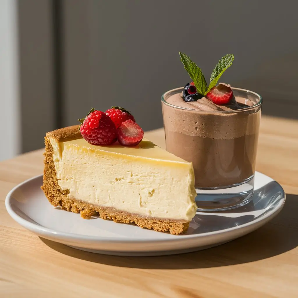 Close-up of cheesecake and chocolate mousse textures