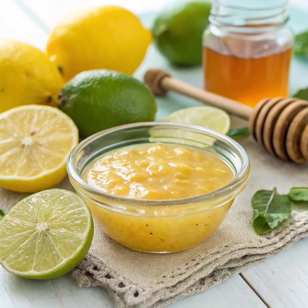 A glass bowl of citrus-based dressing surrounded by lemons, limes, and honey.