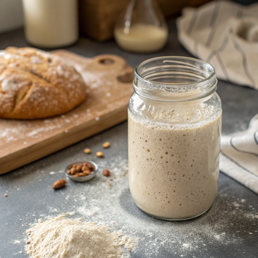 A glass jar of sourdough starter with flour