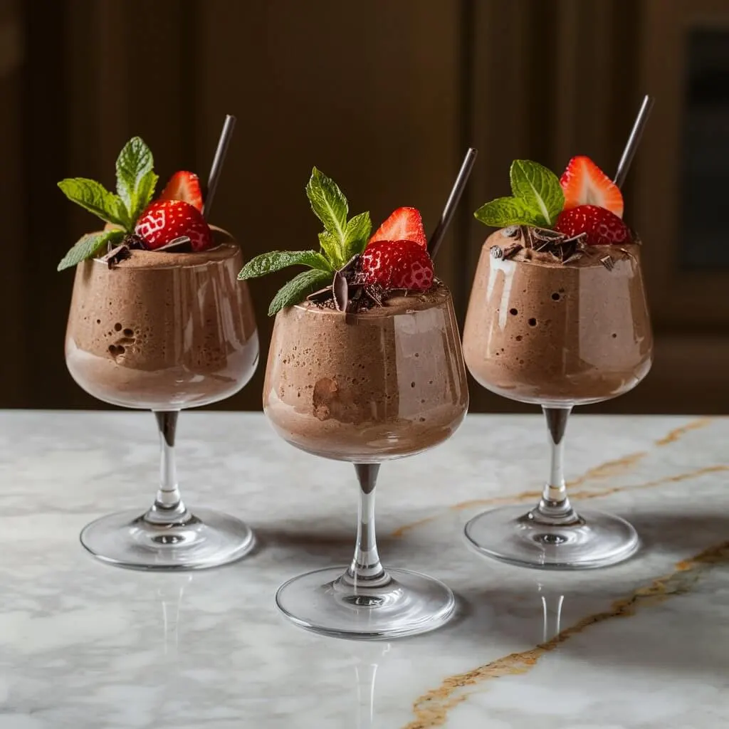 Dessert glasses filled with chocolate cheesecake mousse garnished with mint leaves and strawberries.