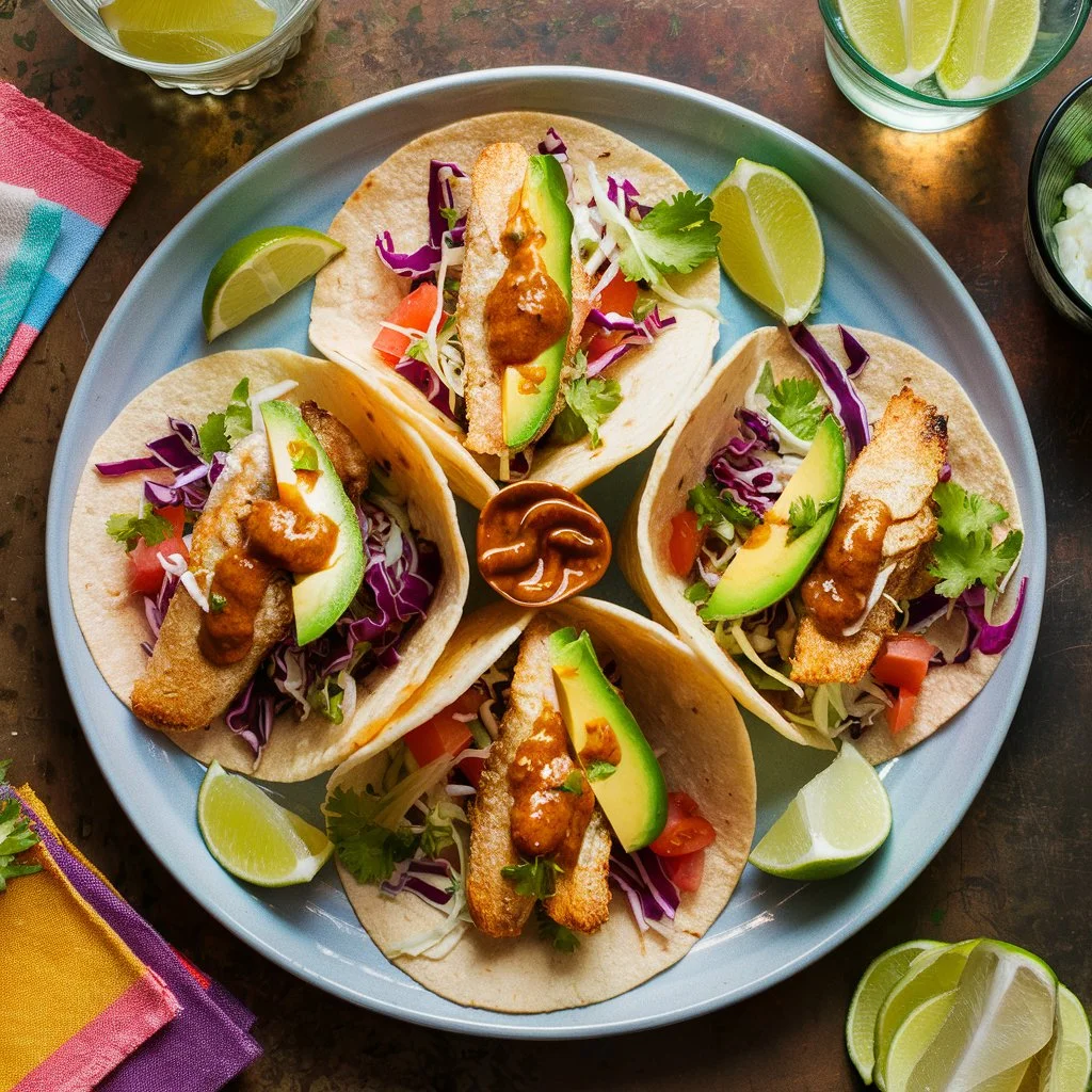 Air fryer fish tacos with cabbage, avocado, and chipotle sauce on a plate.