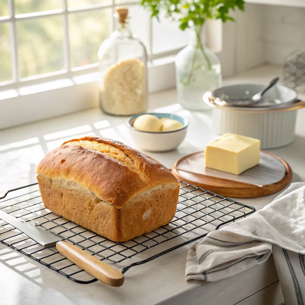 Golden sourdough quick bread cooling on a rack.