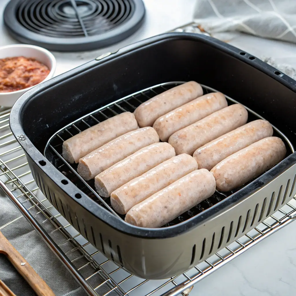 Frozen chicken breakfast sausages in an air fryer basket ready to cook.