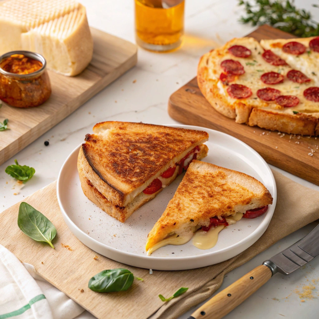 A freshly prepared grilled cheese sandwich pizza with melted cheese.