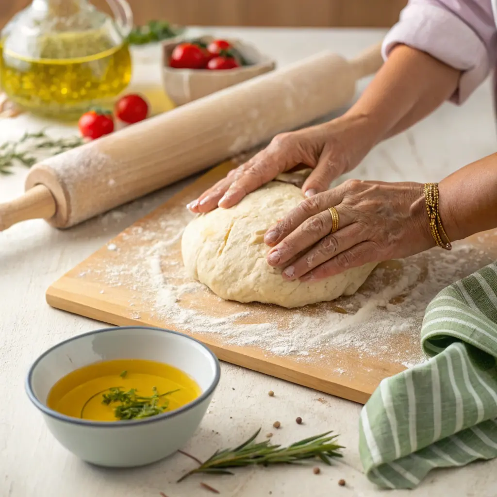 Kneading focaccia dough to achieve the perfect texture—essential for uncovering the secret to great focaccia.