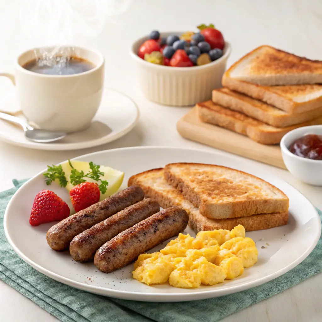 Cooked beef breakfast sausages served with scrambled eggs, toast, fruit, and coffee in a cozy morning setting.