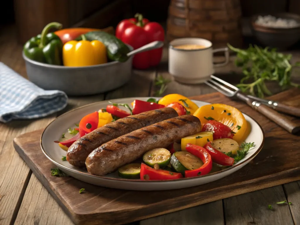 A plate of grilled beef sausages served with colorful bell peppers and zucchini on a rustic wooden table in a cozy kitchen setting.