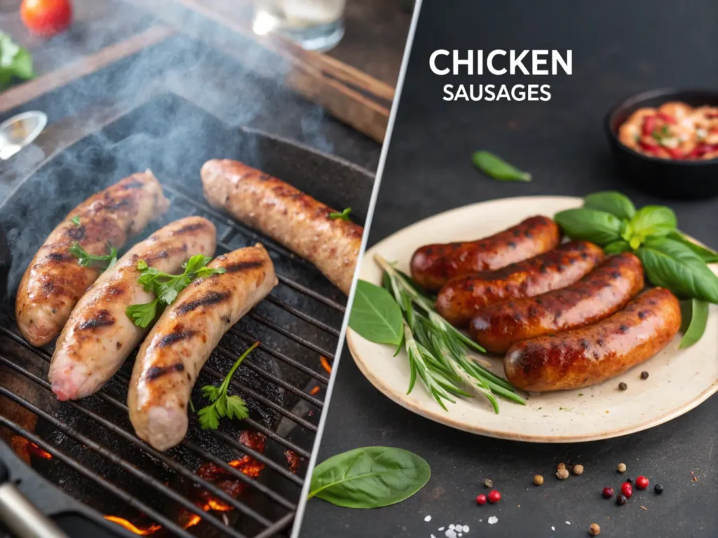 Juicy beef sausages sizzling on a grill with a smoky background next to lean chicken sausages plated with herbs and a nutritional chart.