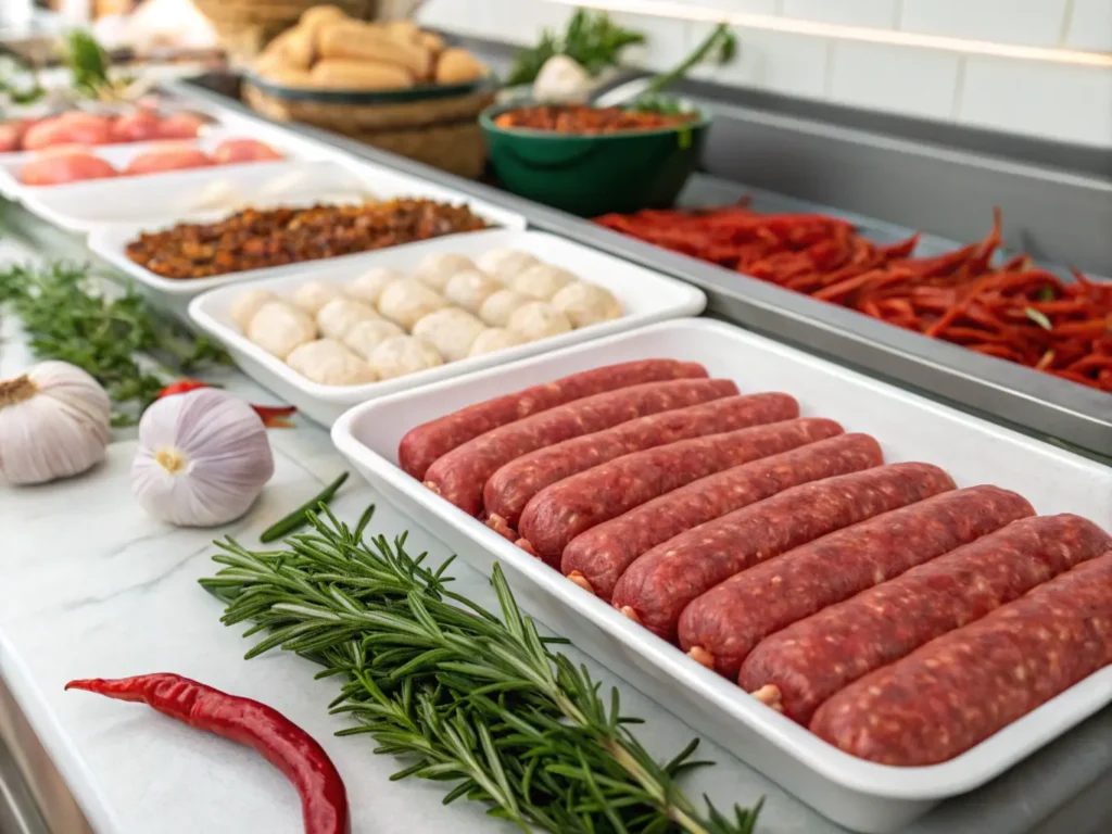 Neatly displayed raw beef sausages at a butcher's counter surrounded by garlic, rosemary, and chili peppers under bright lighting.