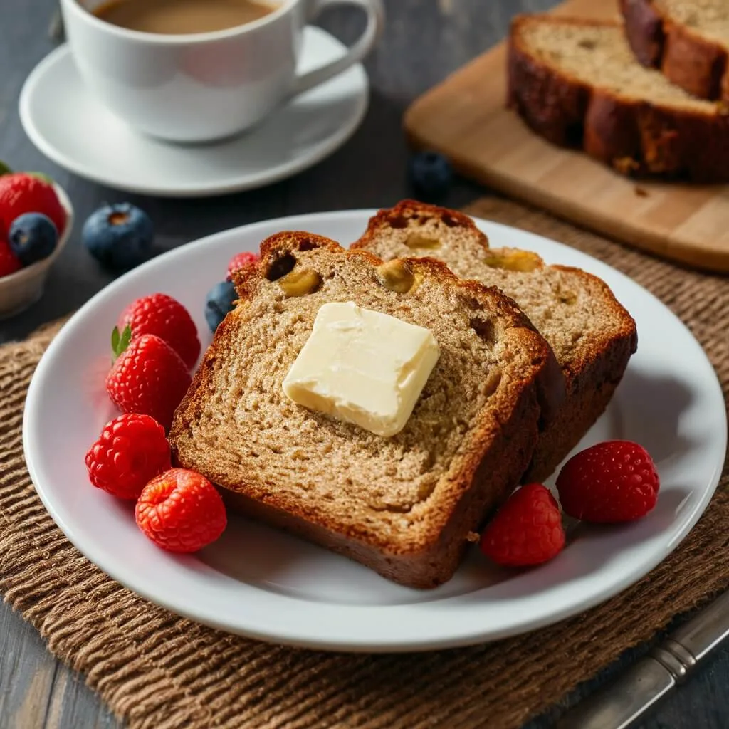 Slices of banana bread served with butter and fresh berries on a white plate