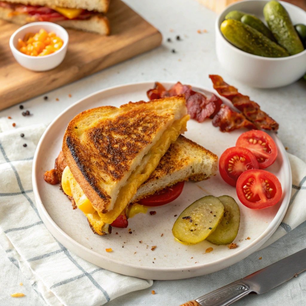 A close-up, top-down view of a gourmet grilled cheese sandwich loaded with rich fillings, demonstrating what goes well in a grilled cheese sandwich?