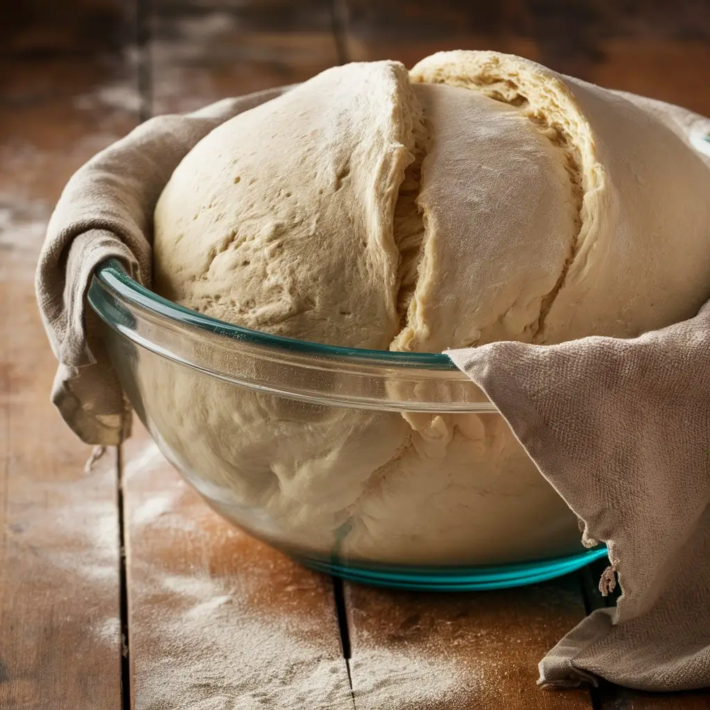 A glass bowl with risen Hawaiian bread dough, soft and airy, on a wooden countertop.