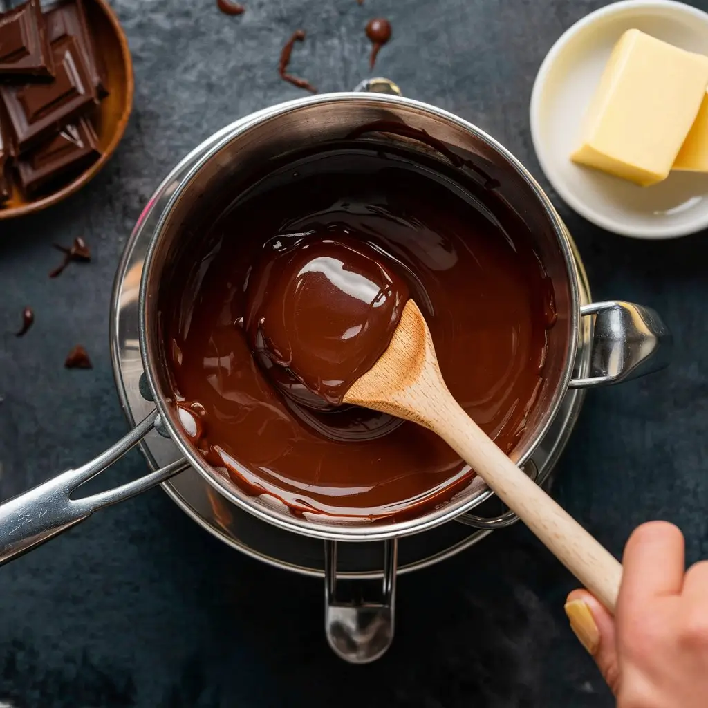 Melting chocolate in a double boiler with steam rising.