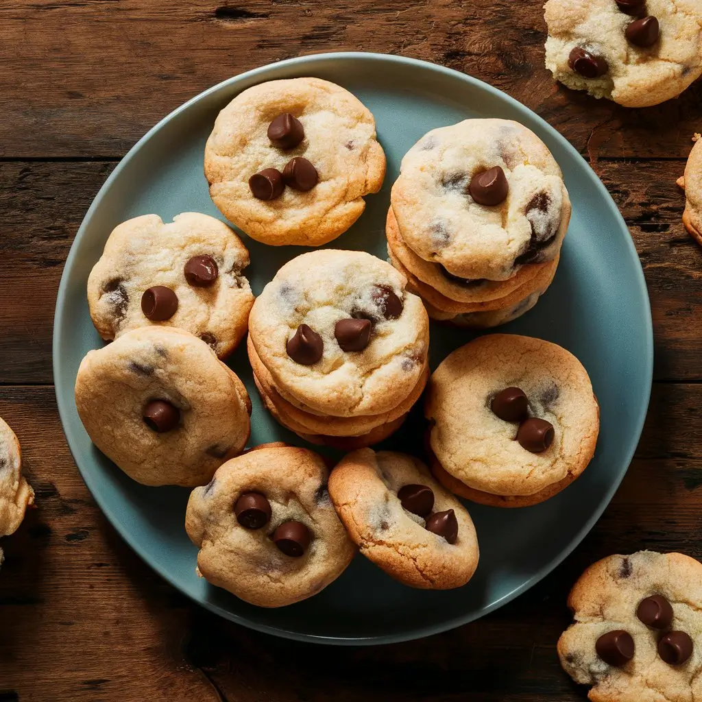 A plate of chocolate chip cheesecake cookies on a checkered napkin with a glass of milk, creating a comforting dessert setting.