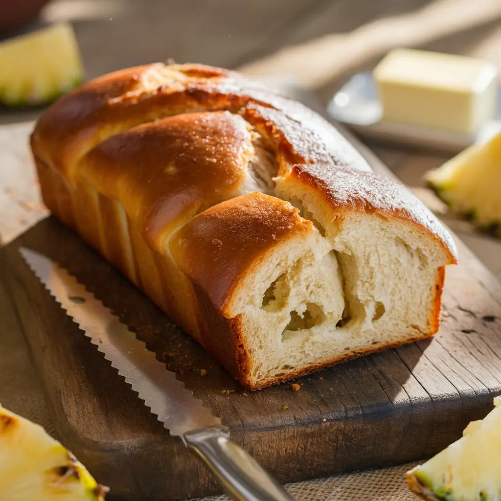 What Is Hawaiian Bread Made Of? A golden-brown Hawaiian bread loaf with a soft, fluffy interior, sliced open on a wooden board.