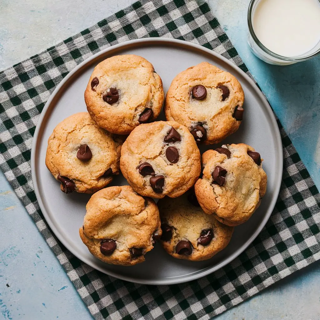 Plate of fluffy chocolate chip cheesecake cookies on a rustic wooden table, showcasing their soft texture and melting chocolate chips.