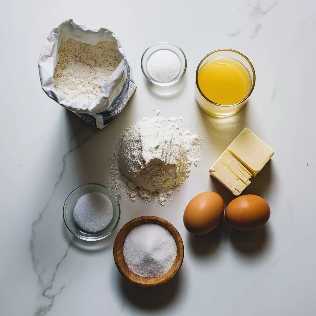 A flat lay of Hawaiian bread ingredients, including flour, eggs, pineapple juice, butter, sugar, and yeast.