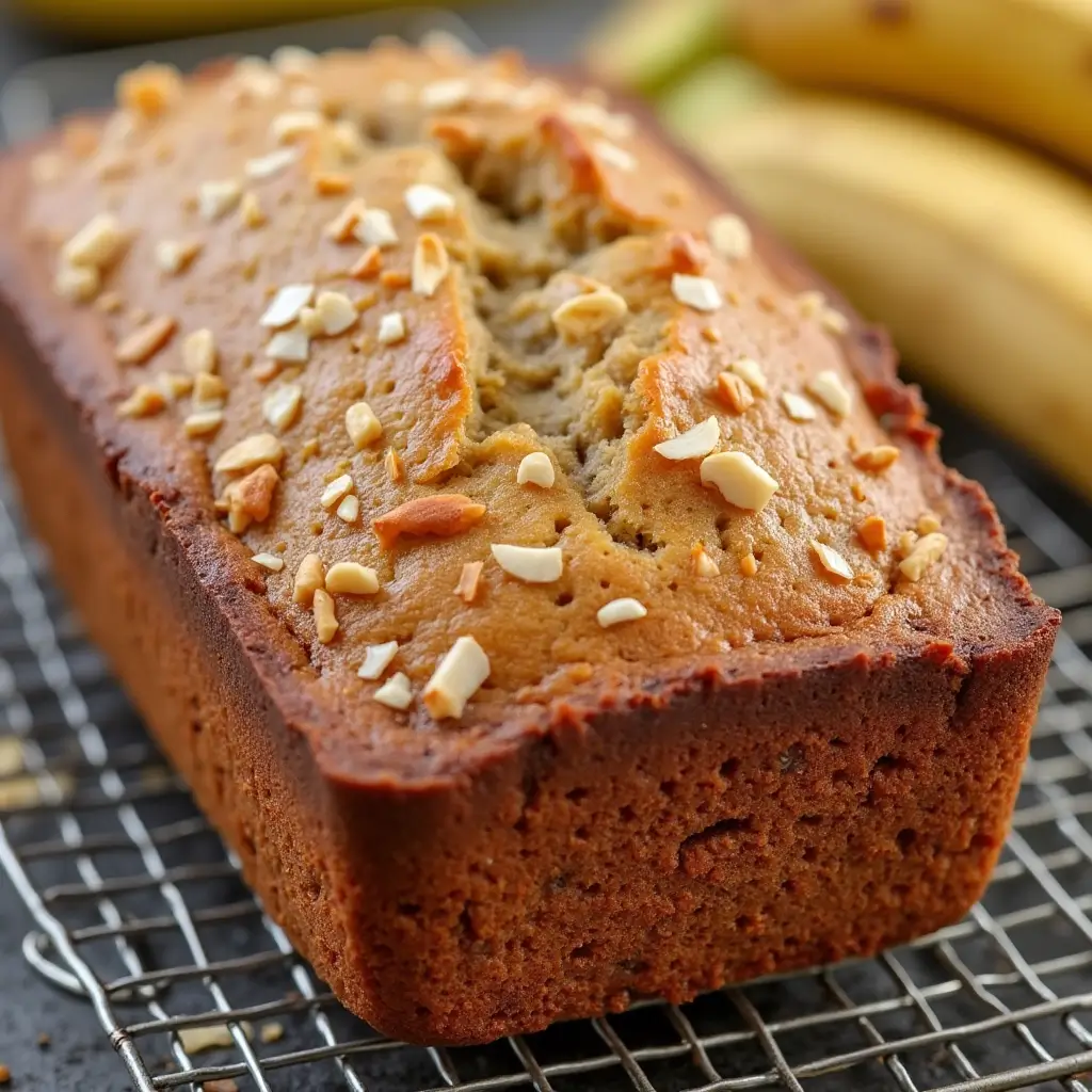 A freshly baked Hawaiian banana bread loaf on a cooling rack