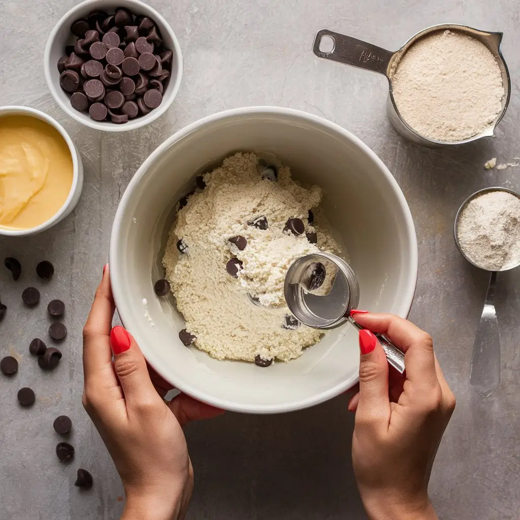 cookie dough preparation for chocolate chip cheesecake cookies, including a mixing bowl, measuring cups, and chocolate chips.