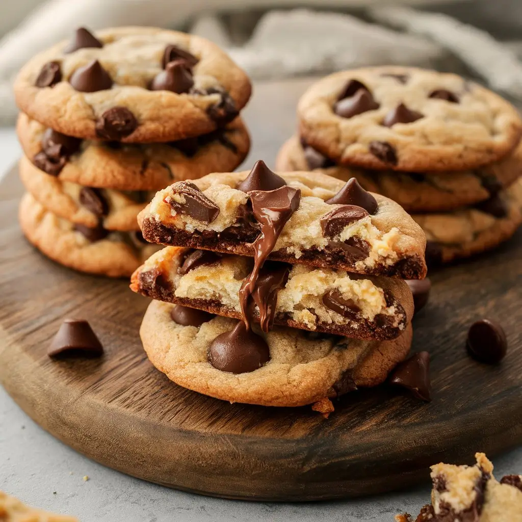 A stack of chocolate chip cheesecake cookies with gooey chocolate and a creamy cheesecake center.