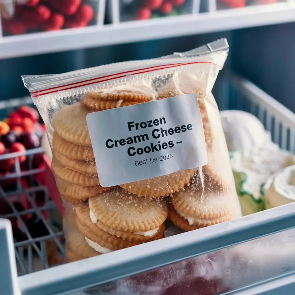 A labeled freezer bag containing frozen cream cheese filled cookies, placed inside a freezer drawer with visible ice crystals.