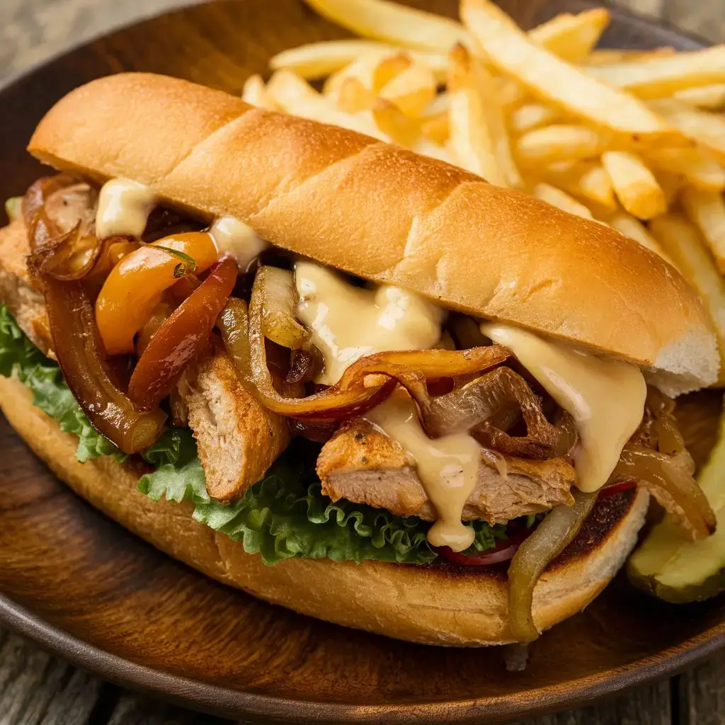 Chicken Philly Cheese Steak Recipe on a toasted hoagie roll, served with crispy fries and a pickle spear