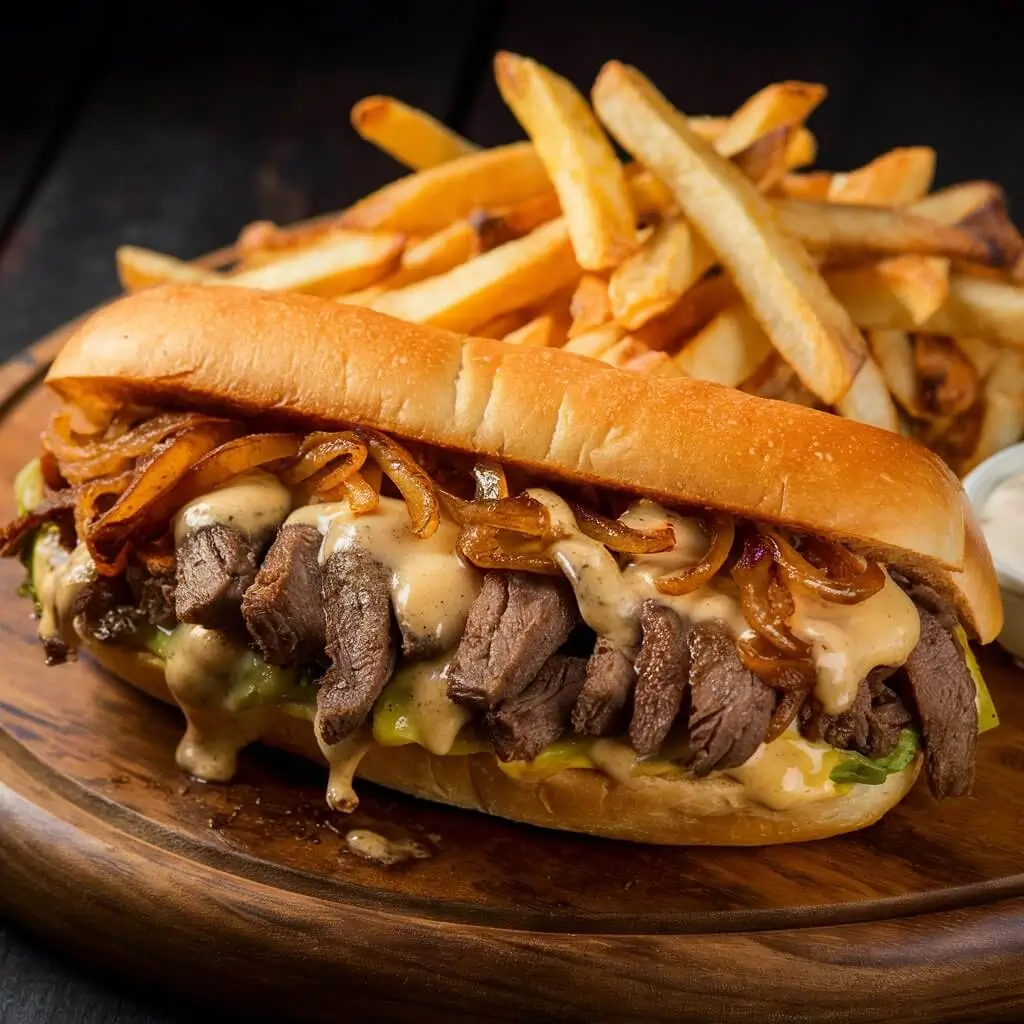 A classic Philly cheesesteak sandwich with melted cheese, sautéed onions, and steak seasoned with Philly steak seasoning.