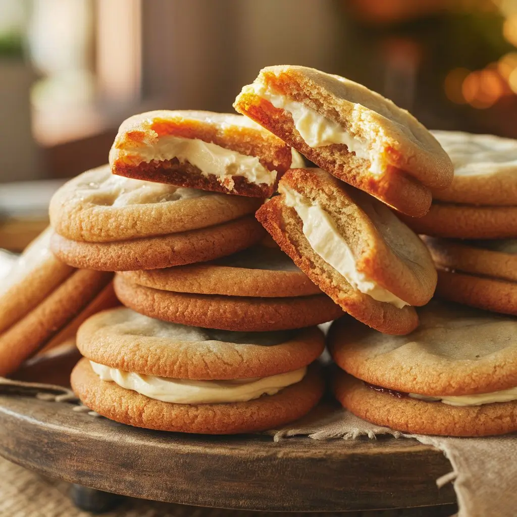 Do cream cheese filled cookies need to be refrigerated? A close-up of cookies with a soft, creamy filling on a rustic wooden tray.