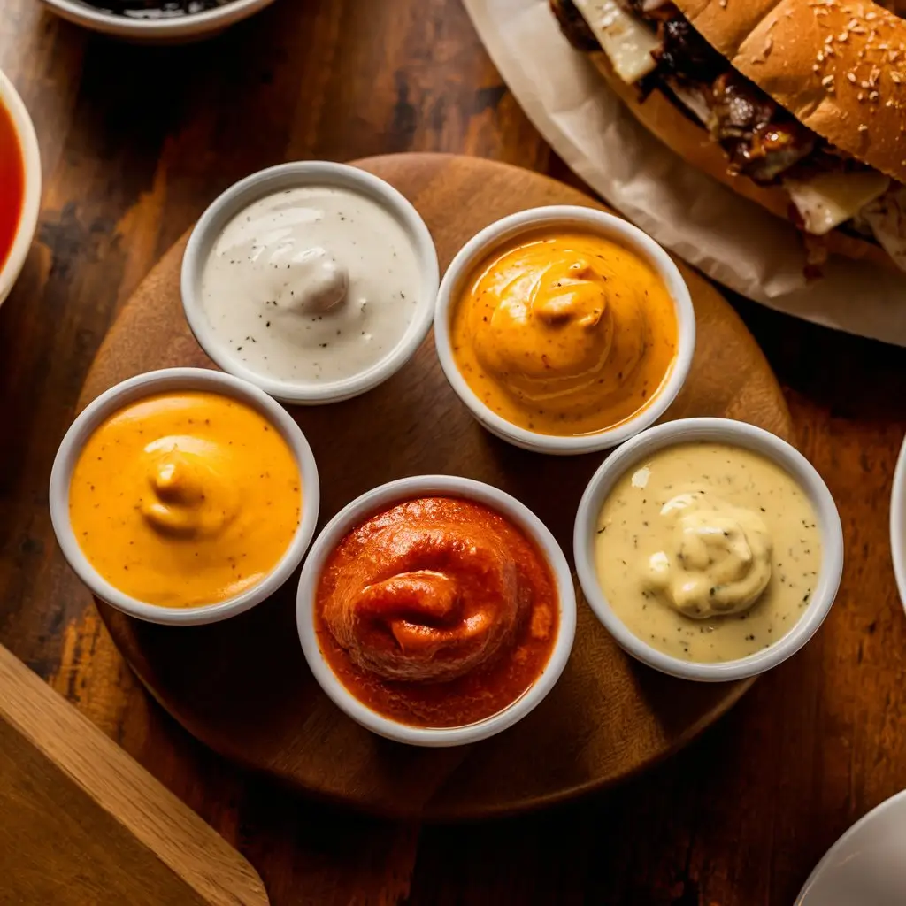 Four different Philly cheesesteak sauces: Cheese Whiz, provolone sauce, spicy mayo, and garlic aioli, placed in small bowls on a rustic table