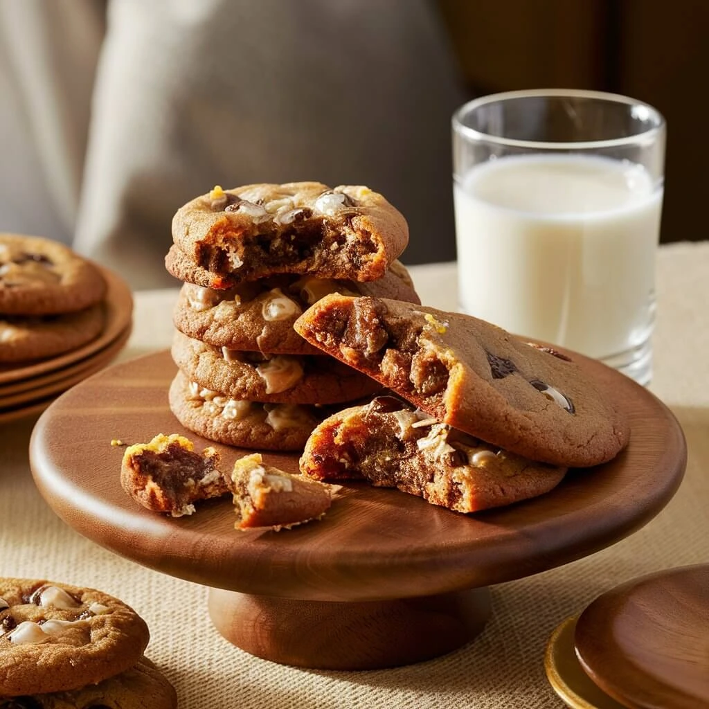 A stack of freshly baked Snoop Dogg cookies on a wooden board, paired with a glass of milk for a comforting treat.