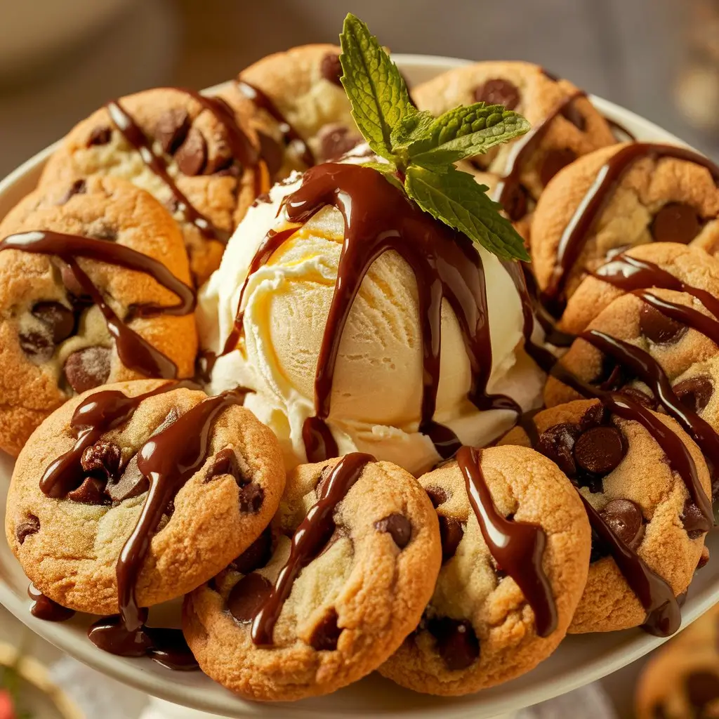 A plate of chocolate chip cheesecake cookies with vanilla ice cream and chocolate drizzle.