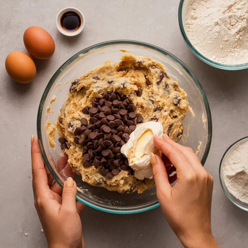 Cookie dough being mixed in a bowl with chocolate chips and cream cheese.