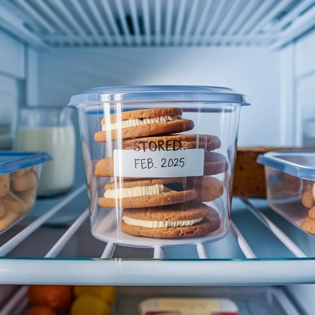 An airtight container filled with cream cheese filled cookies, stored on a refrigerator shelf to maintain freshness.