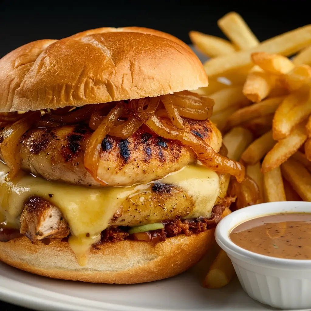 A plated chicken cheese steak sandwich with melted cheese, caramelized onions, and a side of crispy fries.