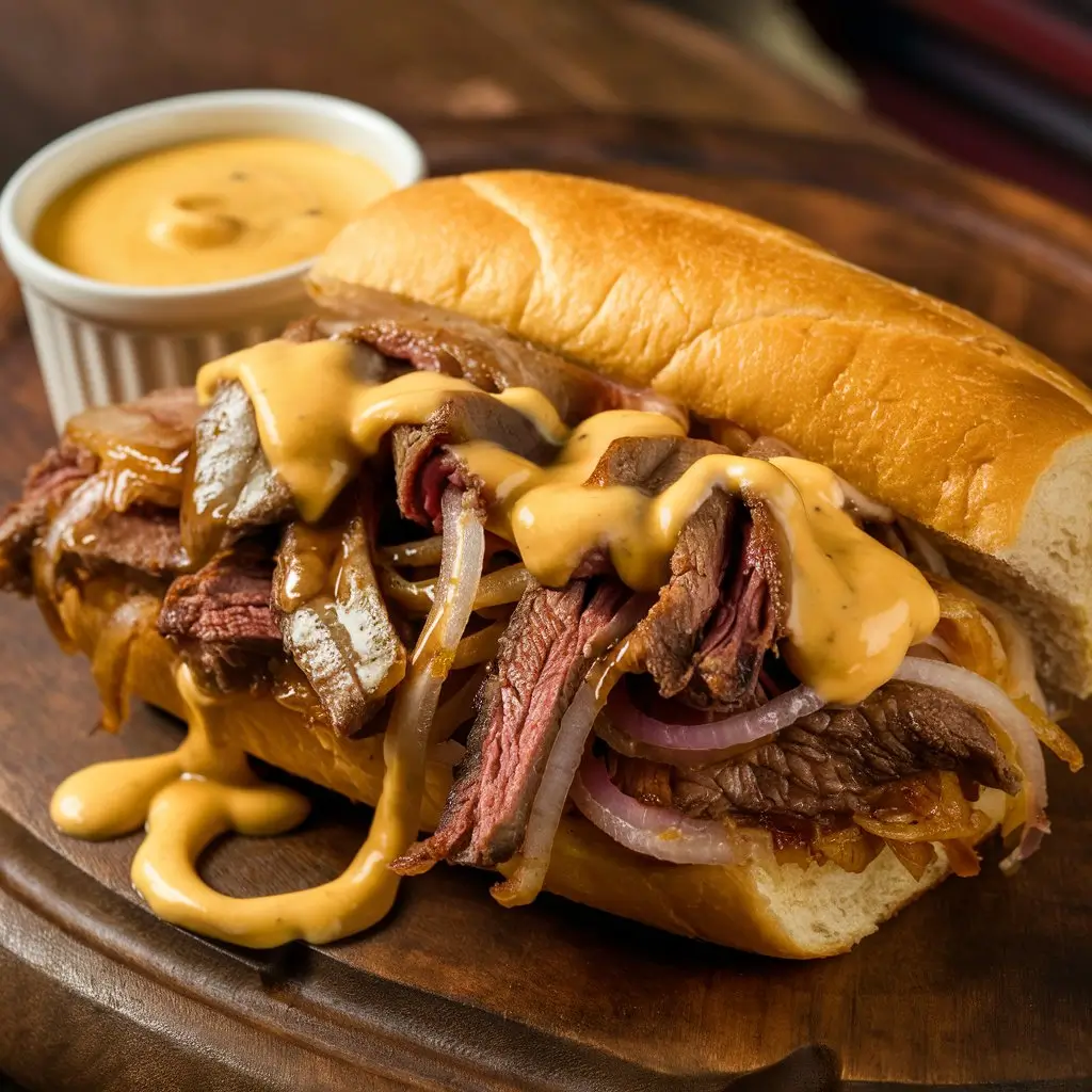 What sauce do you put on Philly cheesesteak? A close-up of a Philly cheesesteak with Cheese Whiz sauce drizzling over tender beef and onions.