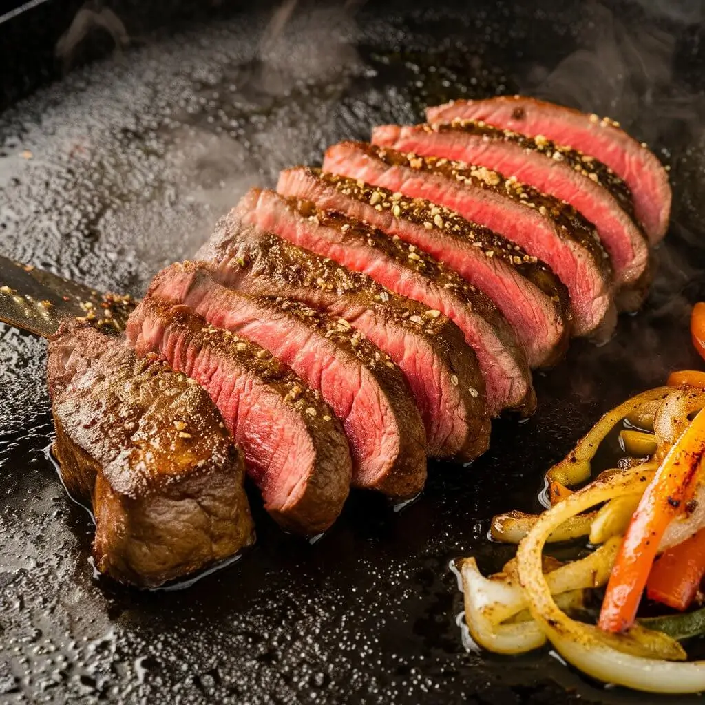 Ribeye steak sizzling on a griddle with Philly steak seasoning, sautéed onions, and bell peppers.