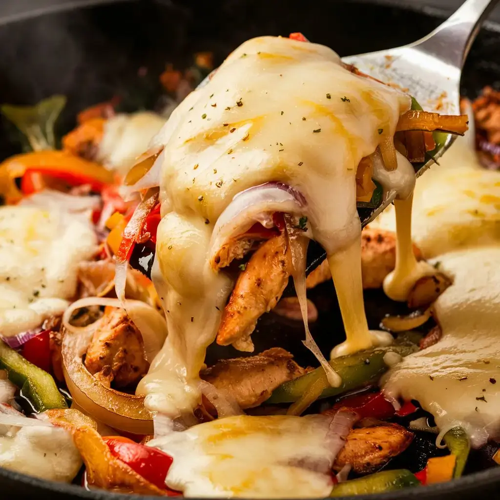 Melted provolone cheese draping over sautéed chicken, onions, and bell peppers in a skillet