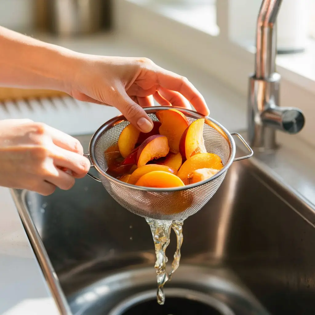 Hands straining canned peaches in a sieve over a kitchen sink.