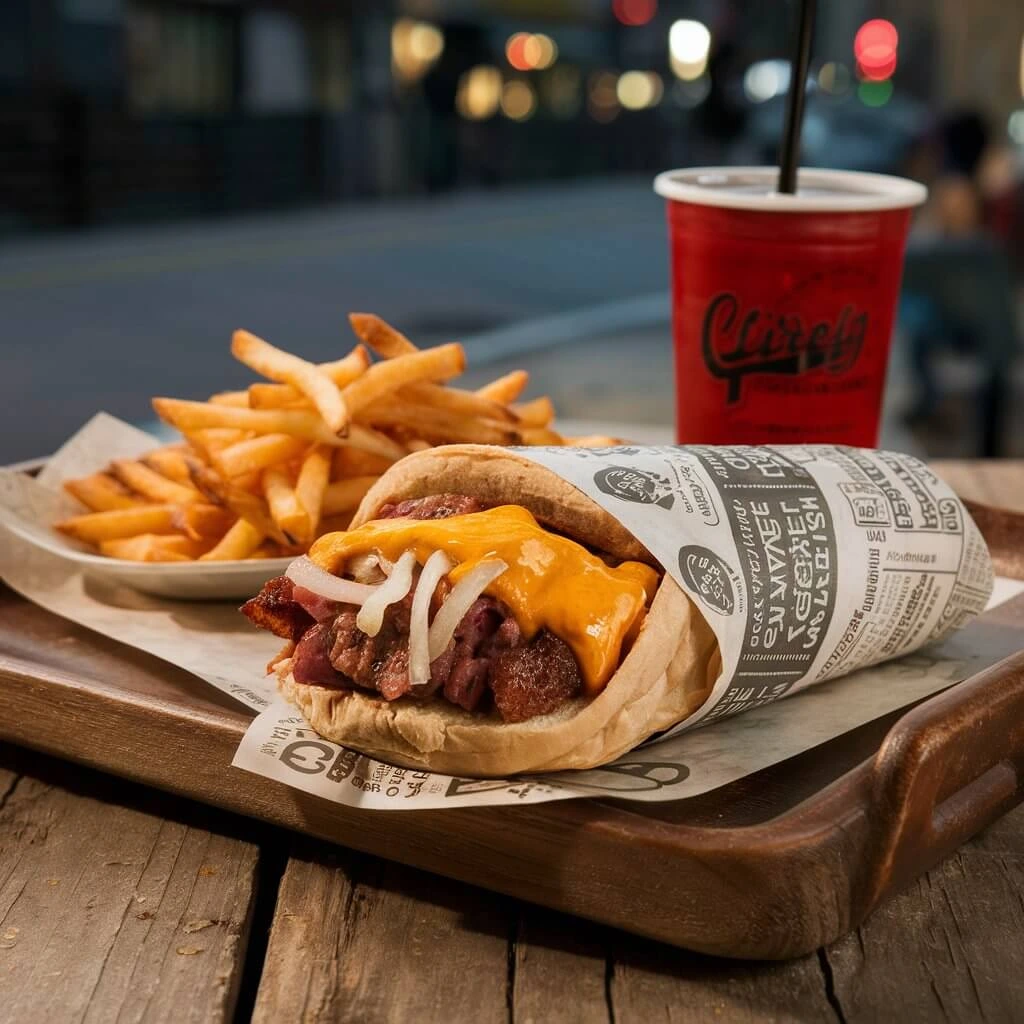 Philly cheesesteak served 'Whiz Wit' style with a side of fries and a cold drink