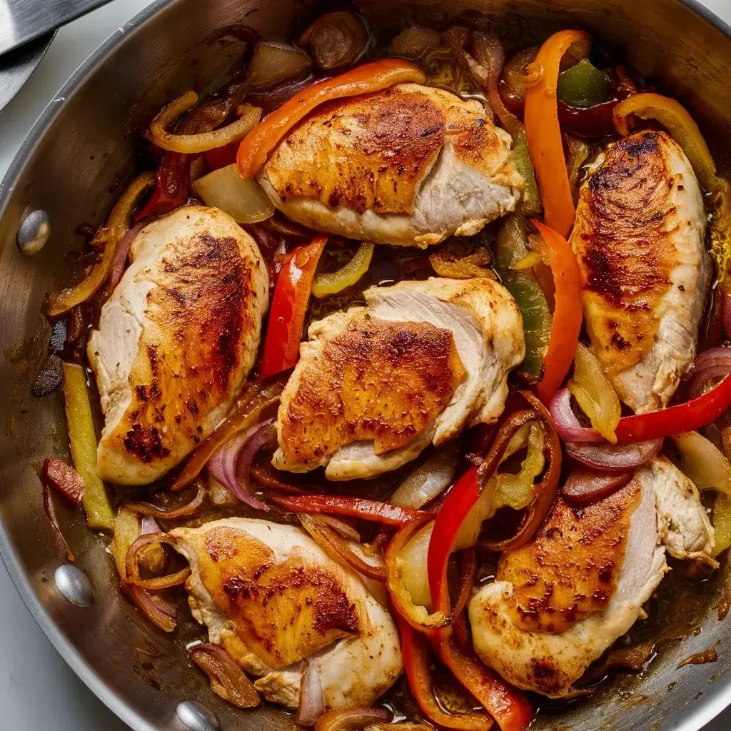 Sliced chicken cooking in a skillet with sautéed bell peppers and onions, golden brown with slight caramelization