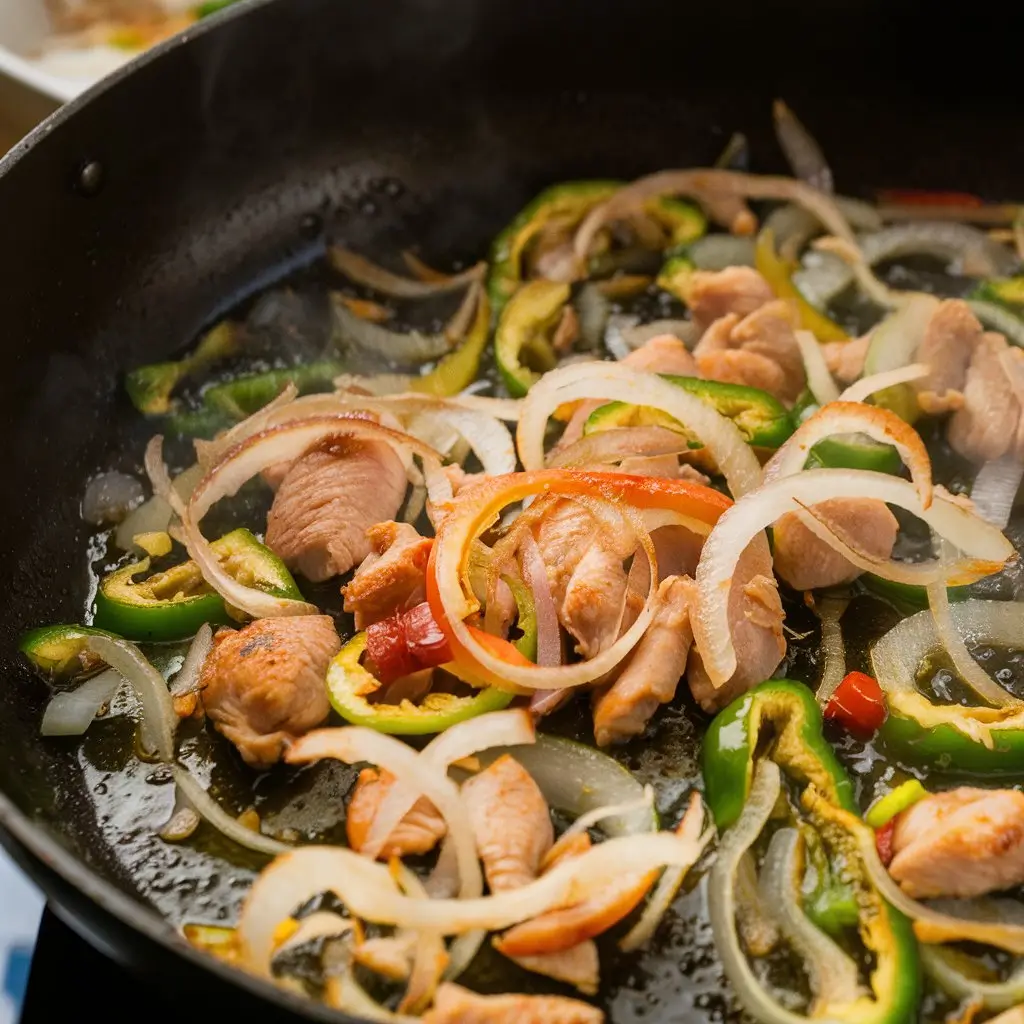 A skillet with sliced chicken, onions, and bell peppers sizzling as they cook together.