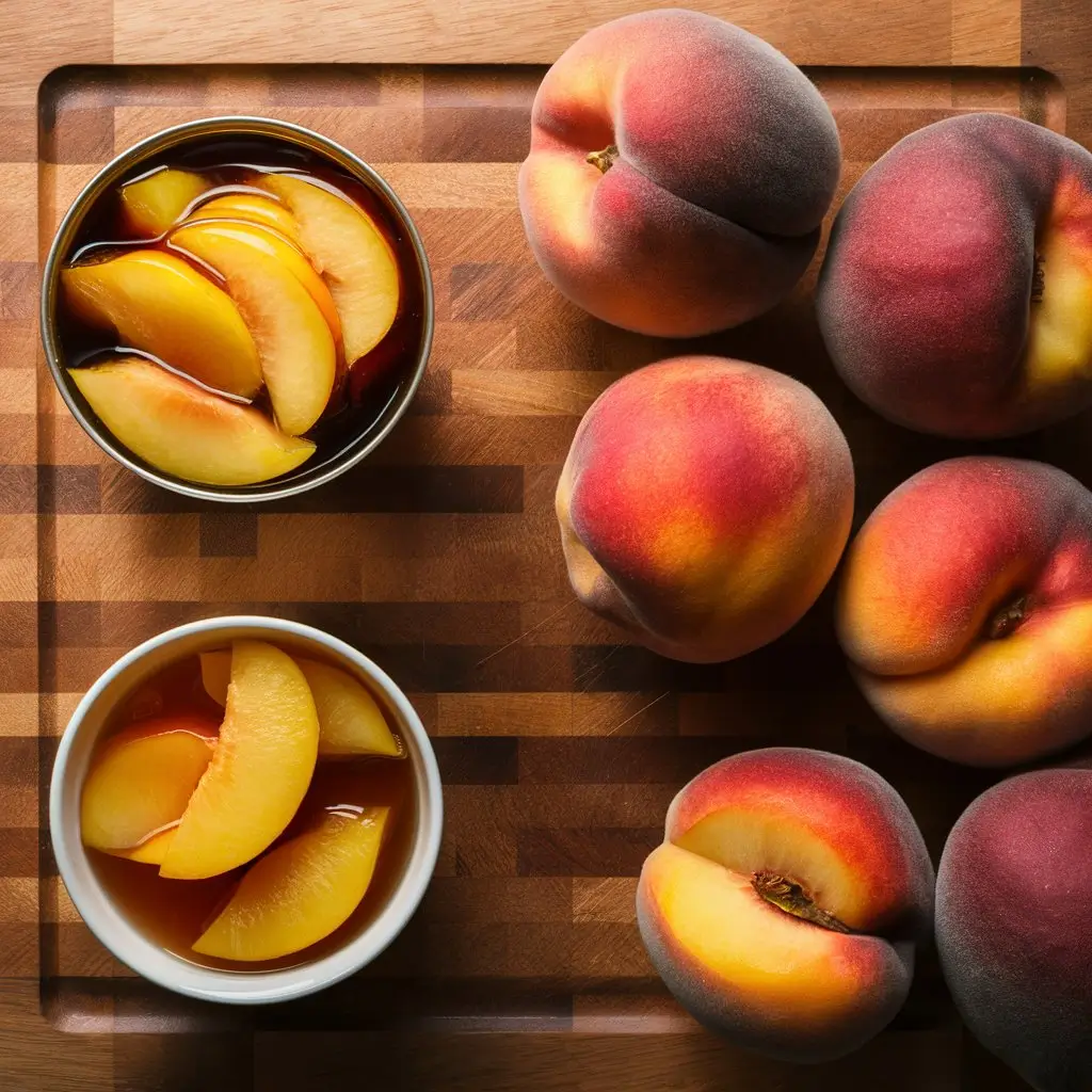 A cutting board with fresh peaches on one side and canned peaches in a bowl on the other.