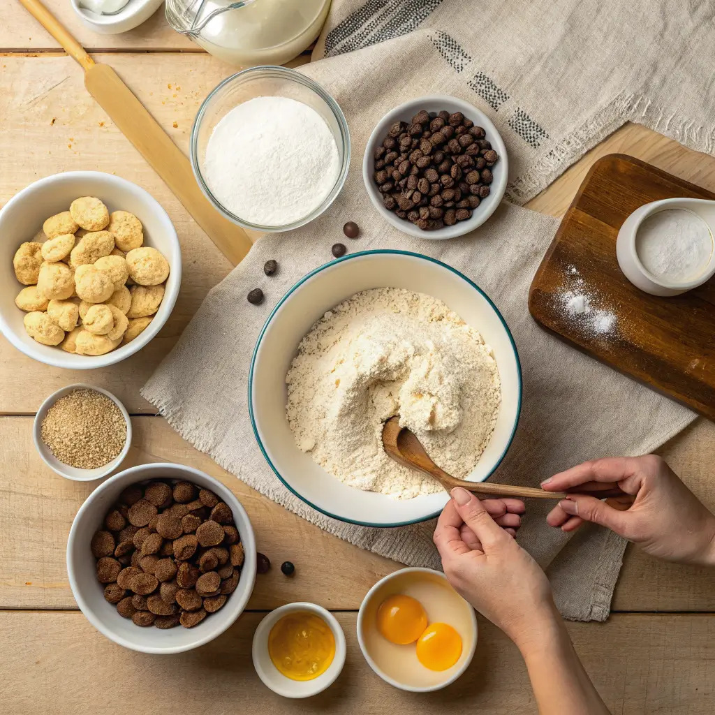 A baker mixing dough for Snoop Dogg cookies, surrounded by ingredients like flour, sugar, and chocolate chips.