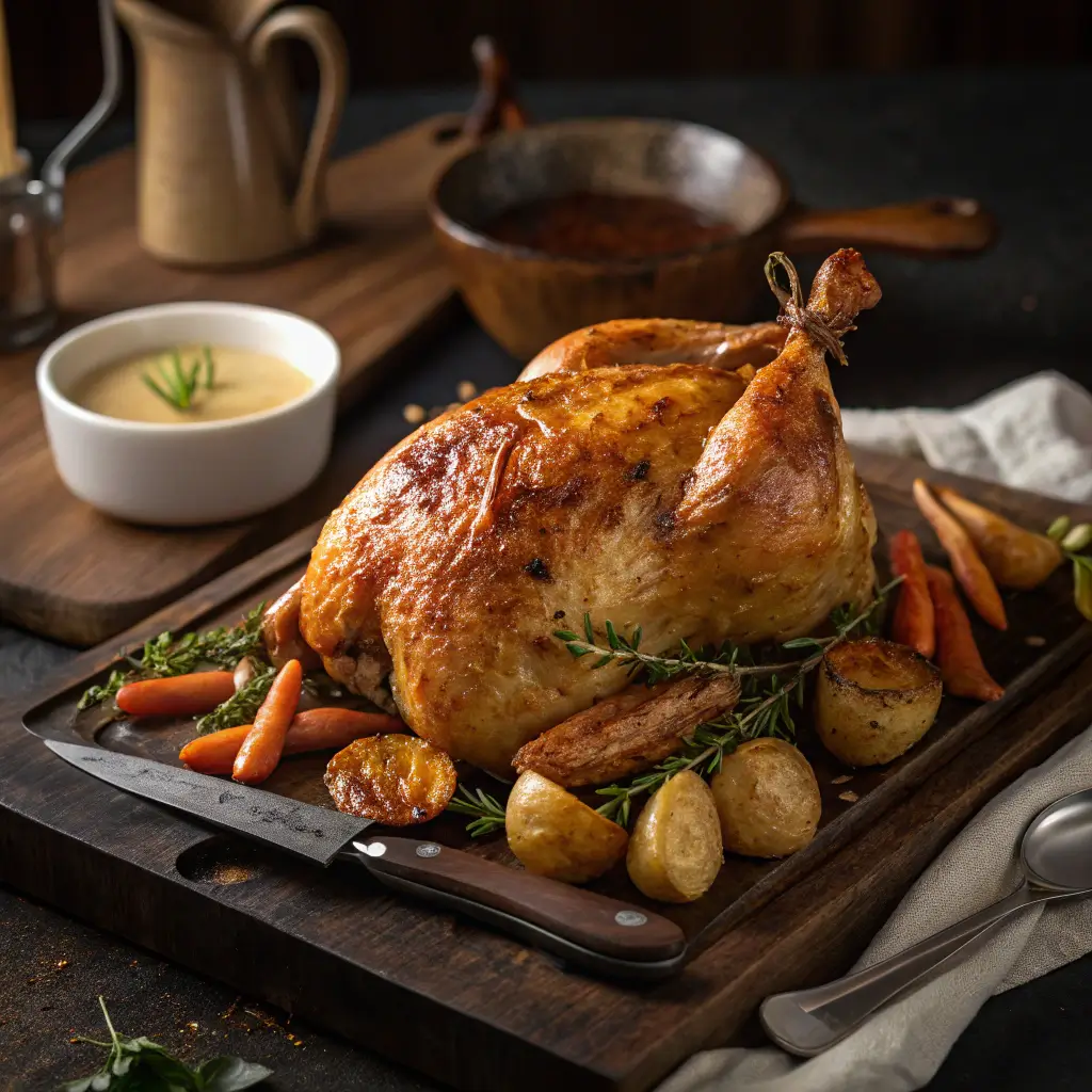 Roasted Amish Chicken with crispy golden skin, surrounded by roasted vegetables