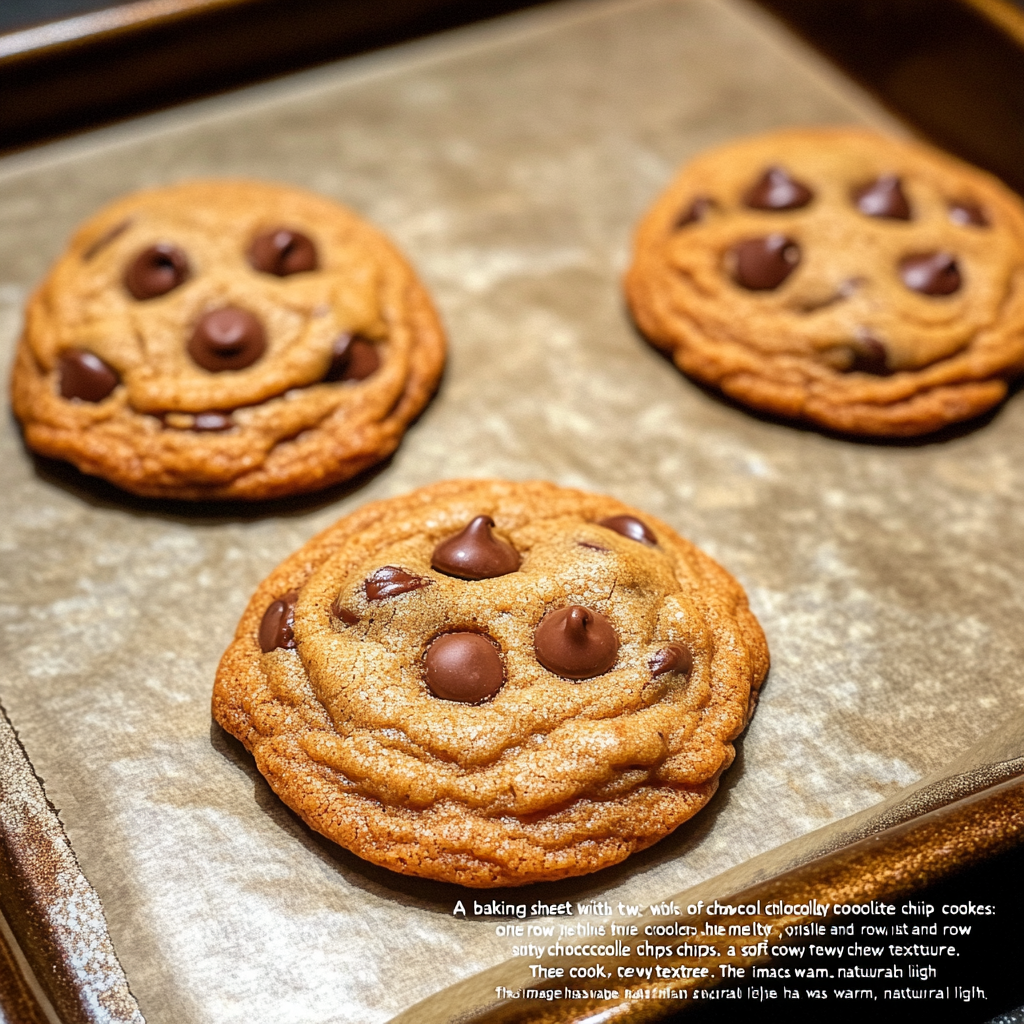 Title: Why Do My Chocolate Chip Cookies Go Flat When I Bake Them? A tray of chocolate chip cookies, showing a mix of flat and perfectly thick cookies, illustrating the common baking issue.