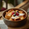 What is the best bread for bread pudding? A golden-brown, freshly baked bread pudding garnished with powdered sugar and berries.