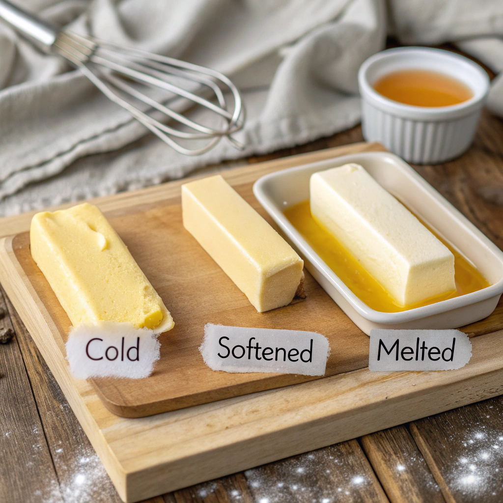 Comparison of butter at different temperatures—solid, softened, and melted—showing how it affects cookie texture and spread.