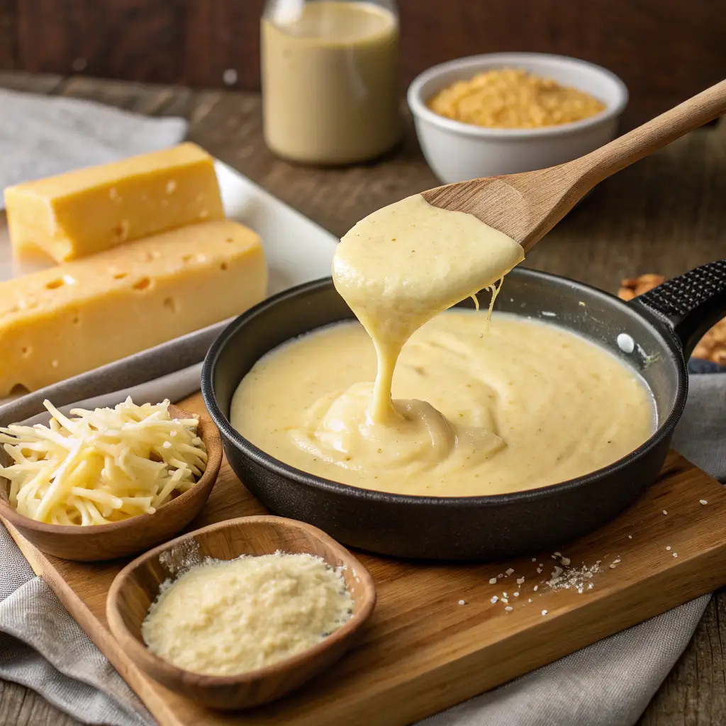 A creamy homemade cheese sauce being stirred in a pan, perfect for drizzling over a Philly cheesesteak.